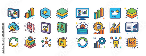 Colorful data analytics and technology icons set
