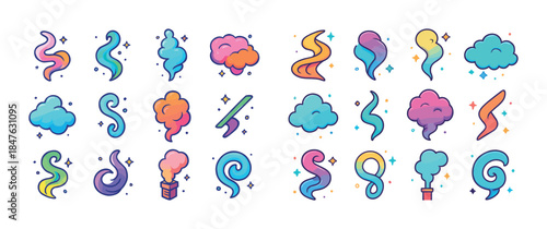 Colorful gradient smoke and cloud icons with sparkles