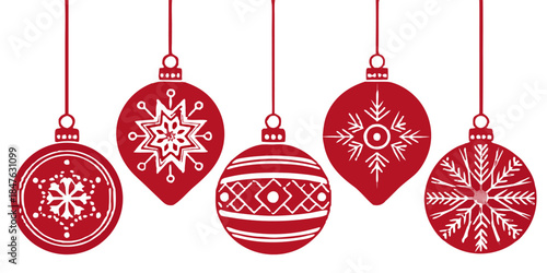 Set of elegant Christmas balls with metallic shine and glossy highlights, isolated vector on transparent background, festive holiday decoration.