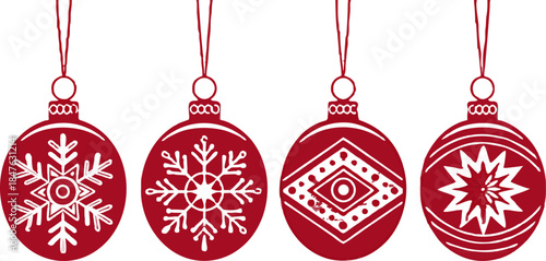 Assorted Christmas balls with decorative patterns and colors, isolated on transparent background, premium vector artwork for festive designs.