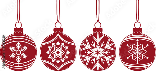 Vector design of shiny Christmas ornament balls, set of different sizes and colors, isolated on transparent background.