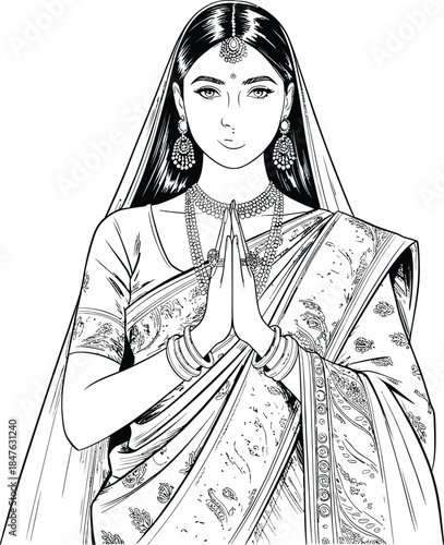 Traditional Indian woman vector in saree performing Namaste gesture, adorned with jewelry and cultural line art details.