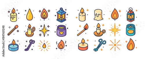 Colorful candle icons: wax, lanterns, matches, flames and light