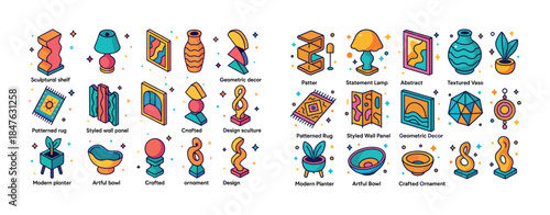 Colorful geometric home decor: sculptures, vases, lamps, and pla