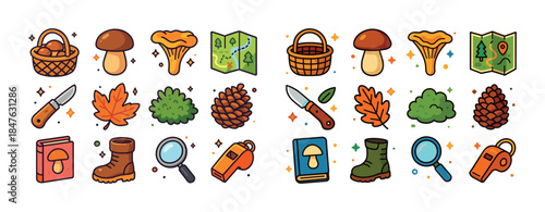 Autumn hiking icons: mushrooms, maps, leaves, boots, and tools