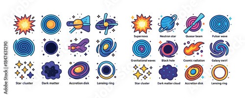 Colorful cosmic icons depicting space phenomena and celestial ob