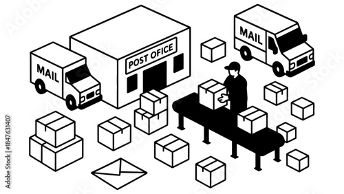 Efficient postal worker sorting packages at post office