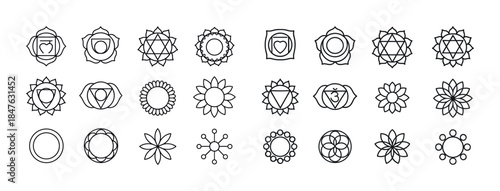 Set of 24 geometric mandala icons in black and white illustratio