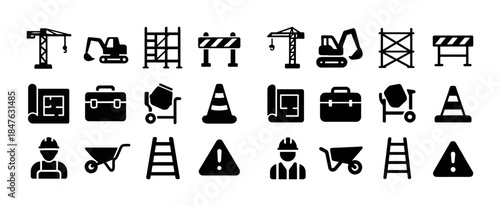 Construction icons set: crane, excavator, blueprints, hard hat,