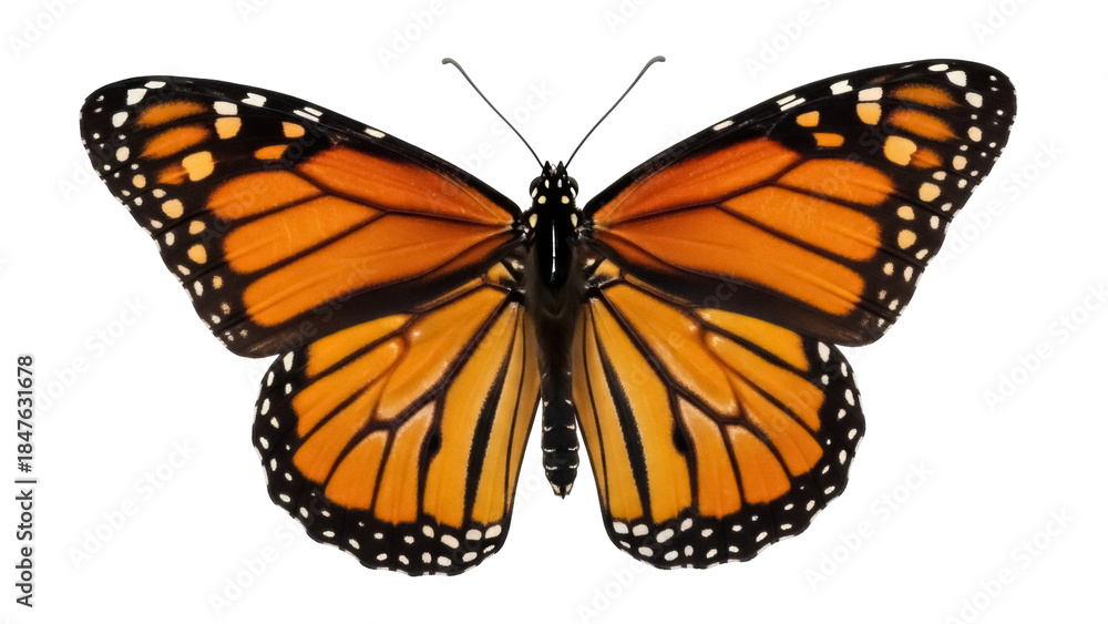 Obraz premium Isolated monarch butterfly with orange wings in flight on white, colorful insect flyer in nature