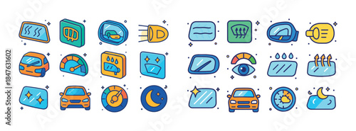 Colorful car dashboard icons set with gauges meters and lights