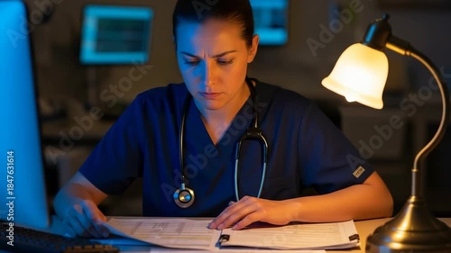 Sequence of a focused female doctor reviewing patient files at her desk during a hospital night shift. Dedicated caucasian healthcare worker concentrating on medical reports