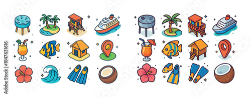 Tropical island vacation icons: beach, cruise, fish, cocktail, c