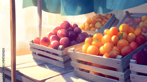 Fresh Market Bounty: A sun-drenched scene showcasing vibrant fruits in wooden crates, an ode to nature's delicious offerings. The image whispers of freshness.