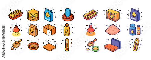 Colorful chicken feed and accessories collection for poultry car