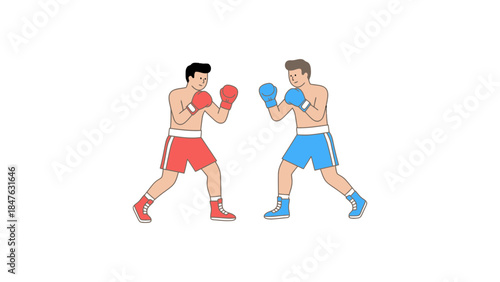 Boxers in red and blue gear facing off in fighting stance