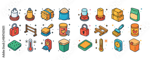 Colorful chicken coop supplies and equipment icons set