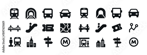 Public transport icons including train, bus, bridge, map, escala