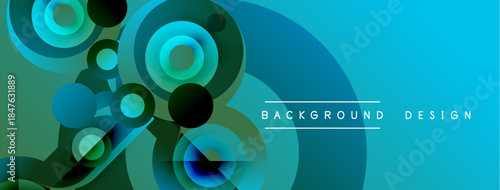 Abstract circles, gradients create dynamic visual. Teal, green hues dominate composition. Modern design element for backgrounds.