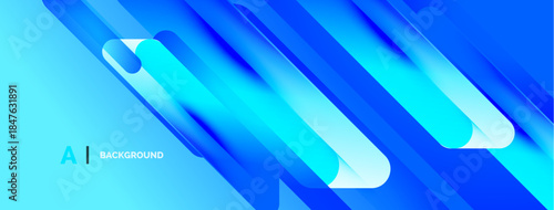 Abstract blue gradients create dynamic lines, shapes. Modern design evokes speed, technology, innovation. Bright, clean aesthetic.