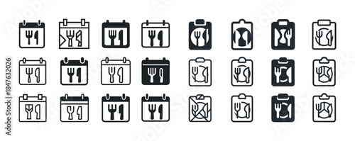 Set of calendar icons with utensils for meal planning and reserv