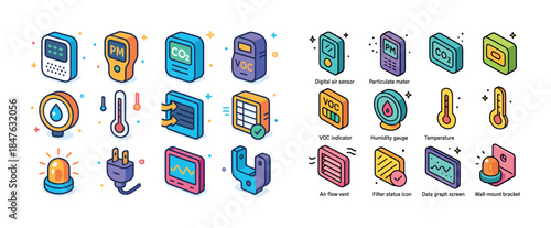 Colorful air quality monitoring icon set: sensors, gauges, indic
