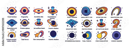 Illustrated icons of black hole concepts and phenomena in space