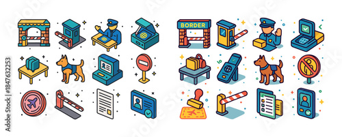 Colorful border control icons with officers, luggage, passports,