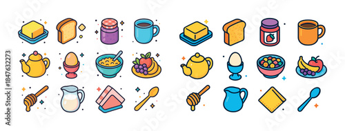 Assorted breakfast items: butter, jam, coffee, teapot, cereal, f