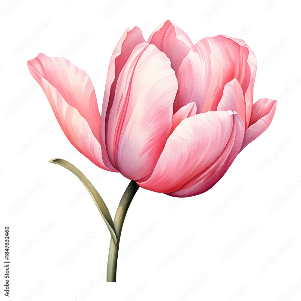 Fototapeta premium Elegant pink tulip blossom standing tall on a white background art illustration