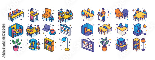 Isometric office and workspace design with furniture, plants, an