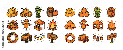 Festive autumn icons collection with pumpkins, leaves, and harve