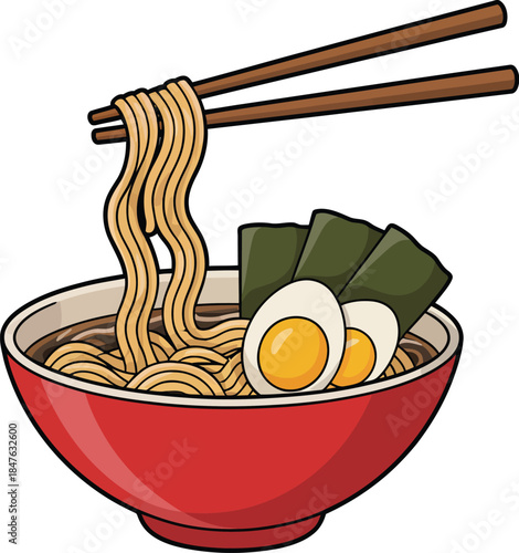 Delicious ramen bowl with chopsticks noodles egg and seaweed illustration image stock