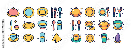 Colorful hand-drawn tableware set featuring plates, forks, knive