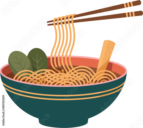 Delicious ramen noodle bowl illustration with chopsticks and spinach vector graphic
