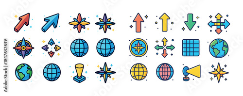 Colorful navigation and globe icons set with arrows and compasse