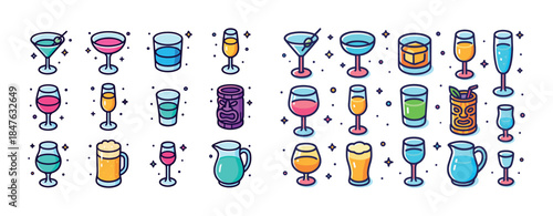 Vibrant collection of cocktails and drinks icons in assorted gla