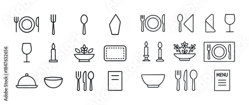 Dining icons: tableware, utensils, and settings in minimalist li