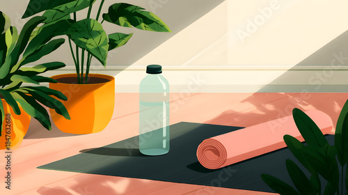 Serene Yoga Setup with Water Bottle and Plants: The scene is meticulously composed, featuring a yoga mat and water bottle in a sunlit corner. Lush green plants add a touch of tranquility.