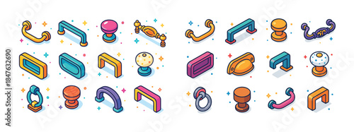 Colorful assorted door handles and knobs collection with unique
