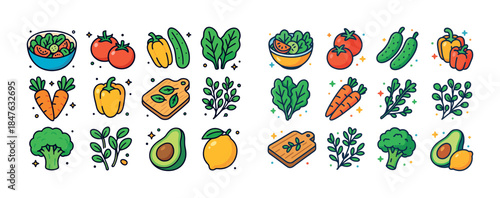 Colorful assorted vegetables and fruits illustration with fresh
