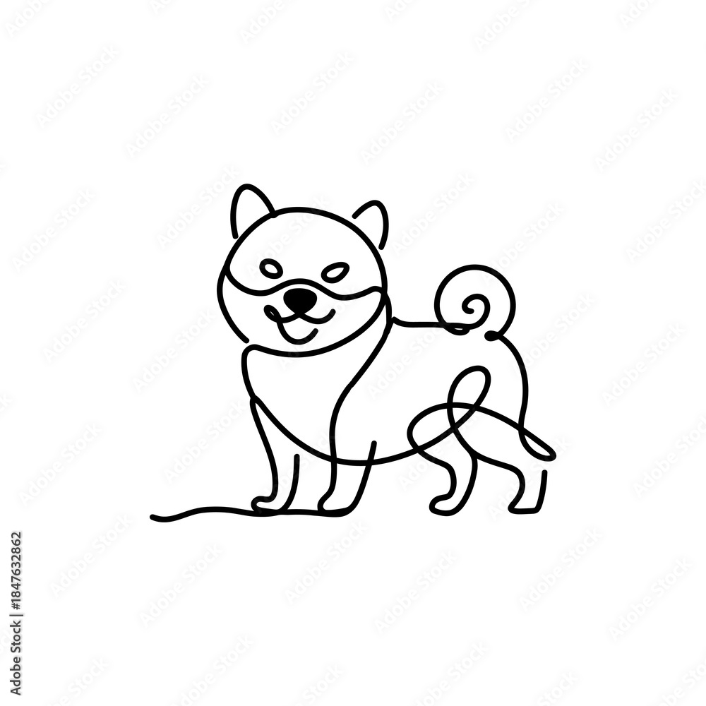 Fototapeta premium Shiba Inu Dog Line Art Illustration Standing on White Background Minimalist Style