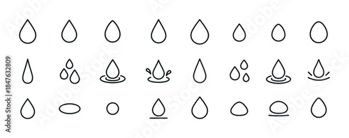 Set of minimalist water drop icons representing various styles a