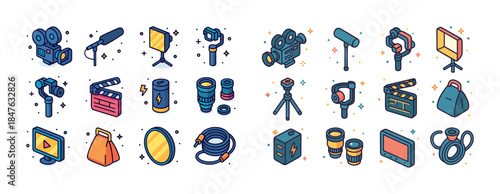 Colorful icon set of film and photography equipment with accesso