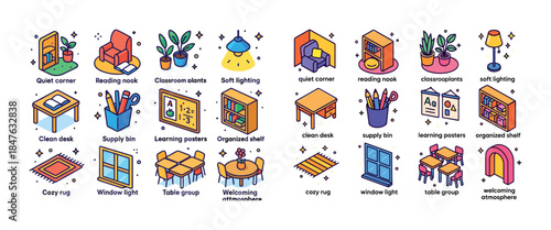 Cozy classroom elements: reading nook, desk, shelf, plants, ligh