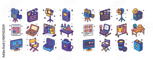 Colorful cinema and makeup icons for film production and beauty