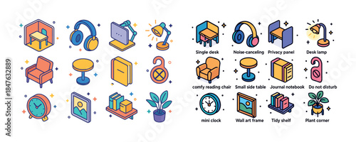 Modern office icon set: desks, chairs, plants, lamps, technology
