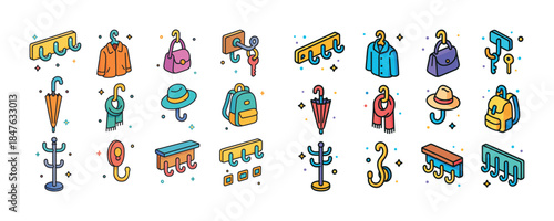 Colorful coat rack icons with clothing and accessories