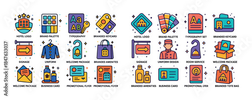 Hotel branding icons including logo, typography, signage, and pr