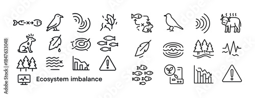 Ecosystem imbalance icons: wildlife, nature, warning signs, envi